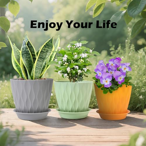 GARDIFE 7 Pack Plant Pots 4-7 inch with Drainage Holes and Tray, Green - color: Color-green