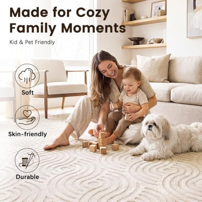 Etwel 2x6 Beige Modern Abstract Textured High-Low Pile Washable Runner Rug - color: Swirl-beige, size: 2' x 6'