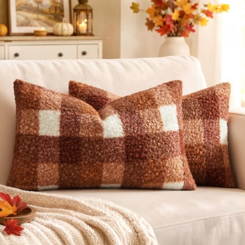 MIULEE Fall Plaid Pillow Covers Boucle Rust 12x20 Set of 2 Lumbar - color: Rust, size: 20" x 12" (Pack of 2)