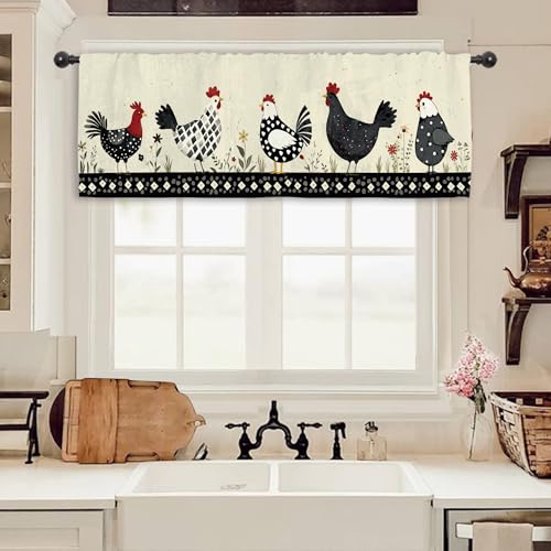Miyotaa Rooster Chiken Kitchen Curtain Valance 54W x 18H Rod Pocket Farmhouse Rustic Rural Farm Country Window Treatment for Living Room Bedroom Bathroom - color: Cute Farm Rooster, size: 54"W x 18"L (Pack of 1)