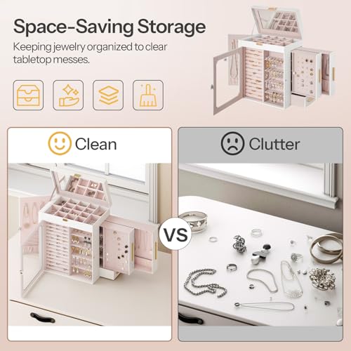 HOOBRO Jewelry Box with Mirror, Travel Jewelry Organizer with Glass Window - color: White + Gold