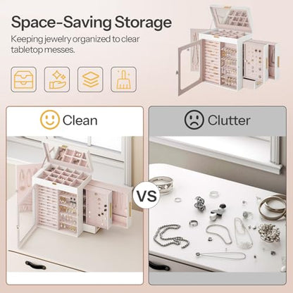 HOOBRO Jewelry Box with Mirror, Travel Jewelry Organizer with Glass Window - color: White + Gold