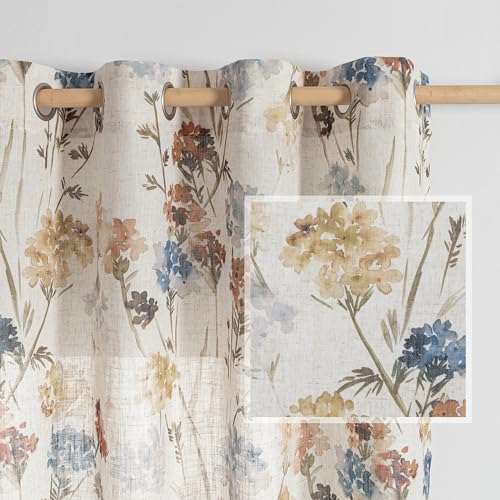MYSKY HOME Floral Linen Curtains 45 inch Length 2 Panels Set Fall Patterned Semi Sheer Light Filtering Privacy Farmhouse Grommet Drapes, Yellow, 52" Wide, Pack-2 - color: A-yellow, size: 52"W x 45"L (Pack of 2)