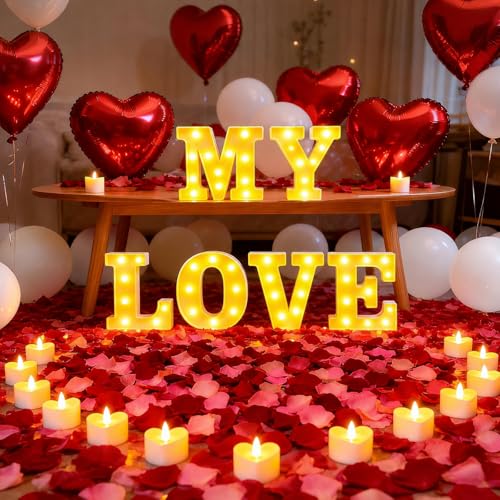 My Love Light up Letters, Include Tea Lights Candles, Latex Balloons, Aluminum Balloons and Rose Petals, Special Festival, Surprise Gifts for Women and Men - color: MY LOVE