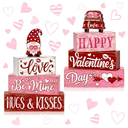 Britimes Tray Block Signs Set, 8Pack, Wooden, Home Kitchen, Valentines Day - style: Pink Gnome Valentine's Day