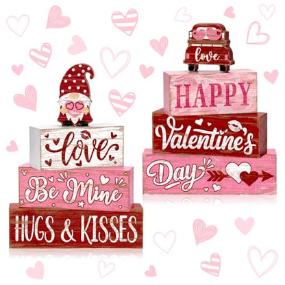 Britimes Tray Block Signs Set, 8Pack, Wooden, Home Kitchen, Valentines Day - style: Pink Gnome Valentine's Day