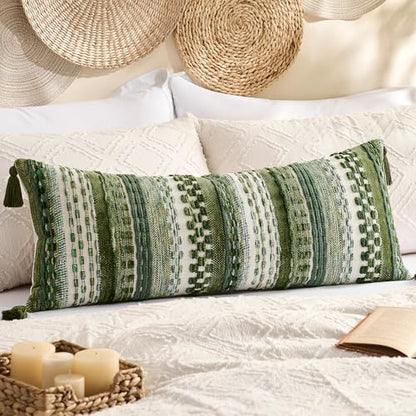 Kevin Textile Boho Tufted 14x36 Inch Lumbar Pillow Cover 1 Pack, Green - color: Green, size: 36" x 14" (Pack of 1)