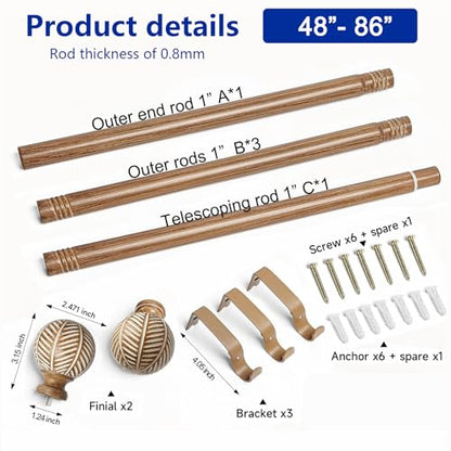 Wood Curtain Rods for Windows: 1 Inch Diameter Adjustable Heavy Duty Curtain Rod 48" to 86" with Imitation Wood Grain Leaf Pattern Finials - color: Wood grain, size: 48"-86"|1 PACK