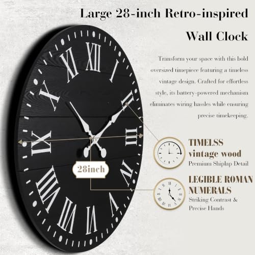 Large Wall Clock with Roman Numeral, 28” Shiplap Farmhouse Clock - color: Black, size: 28 Inch