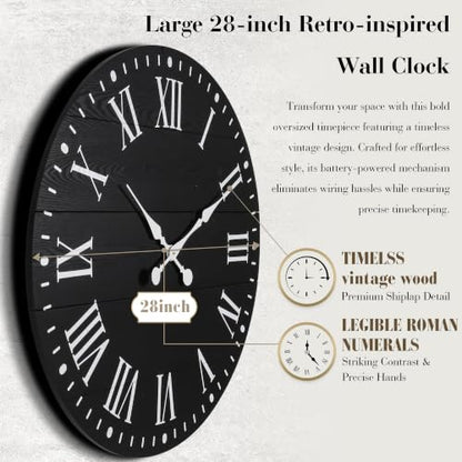 Large Wall Clock with Roman Numeral, 28” Shiplap Farmhouse Clock - color: Black, size: 28 Inch