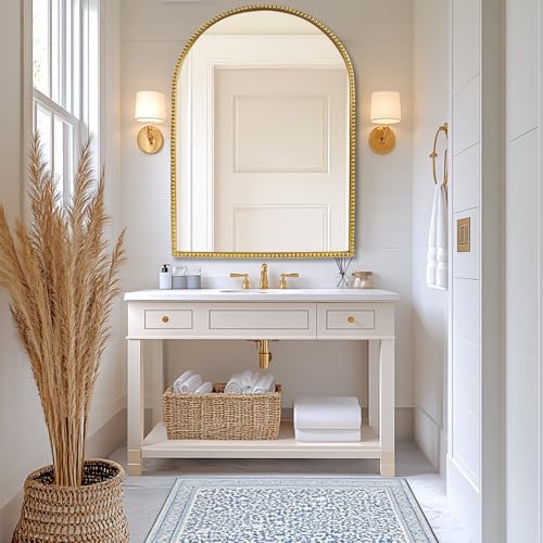 Arched Wall Mirror for Bathroom,Gold Bead Champagne Bronze Vintage Mirror - size: 30"L x 20"W