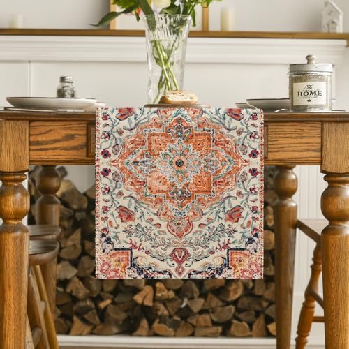 Artoid Mode Boho Bohemia Style Orange Table Runner, Country Rustic Farmhouse Magical Fall Kitchen Dining Table Decoration for Home Party Decor 13x108 Inch - color: Orange, size: 13" x 108", Table Runner