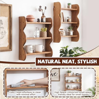 Cinnvoice 2 Pcs Solid Wood Wall Shelf 3-Tier, Brown