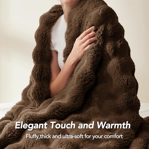 L'AGRATY Faux Rabbit Fur Throw Blanket for Couch, 90'' x 108'', Cocoa Brown - color: Cocoa Brown, size: 90" x 108"