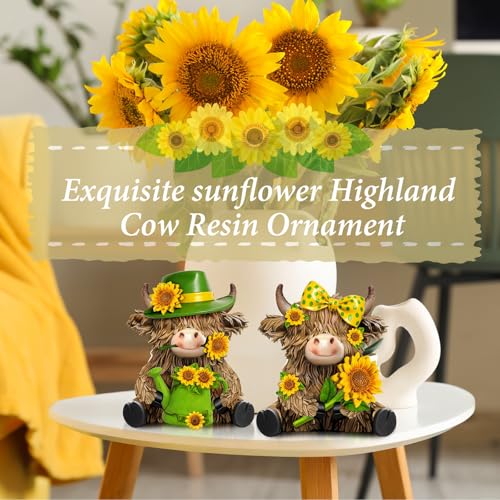 2 Pcs Resin Highland Cow Figurine Decor, Brigh Sunflower Style - style: Bright Sunflower