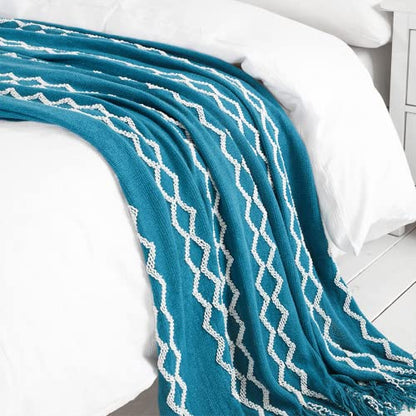 BOURINA Knitted Throw Blanket Boho Chenille Outdoor Blanket,Teal 60x80Inch - color: A-teal, size: 60"×80"