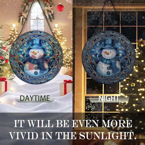 Blue Snowman Christmas Suncatcher Stained Glass Window Hanging, Winter Snowman Xmas Sun Catchers Indoor Window Glass Round Wall Decor, Christmas Wall Art Hanging Decorations, 7.8＂x7.8＂ - color: Christmas_3