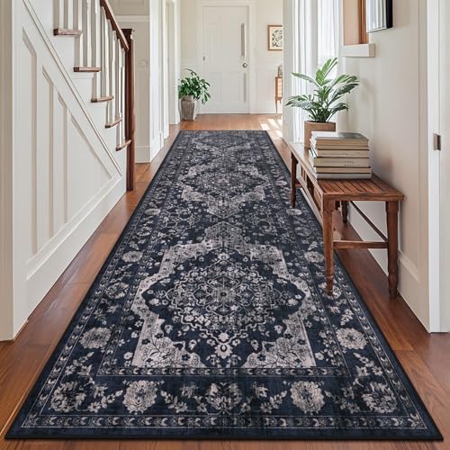 nesrt Boho Vintage Runner Rug for Hallway 3x10, Non-Slip Washable Long Kitchen Rug, Soft Faux Wool Thin Printed Distressed Floor Carpet Runners for Hall Entryway Bedroom Stairway(Blue) - color: Blue, size: 3' x 10' (Rectangular)