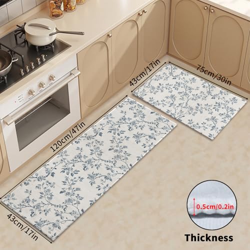 Blue Floral Kitchen Rugs 2 Pcs Blue and White Chinoiserie Flower Kitchen Mat Non Slip Comfort Standing Mat Rug for Kitchen Sink Laundry Bedroom Bathroom, Dusty Blue - color: Dusty Blue