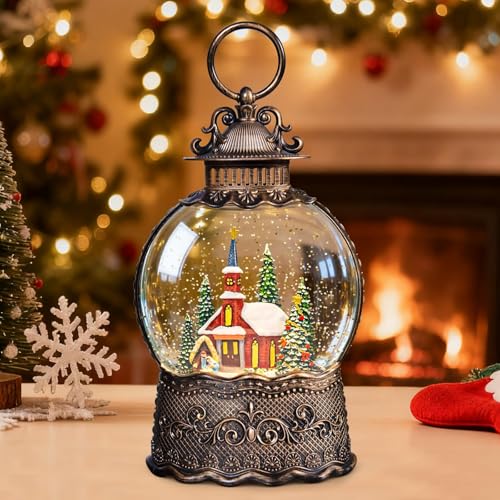 SUNFACE Christmas Snow Globe Lantern, Church Tree Nativity Scene Light Up Musical Snow Globes with 6H Timer, 3 AA Battery & USB Powered, Glitter Globe for Indoor for Kids Women Adults - color: Church Manger 125