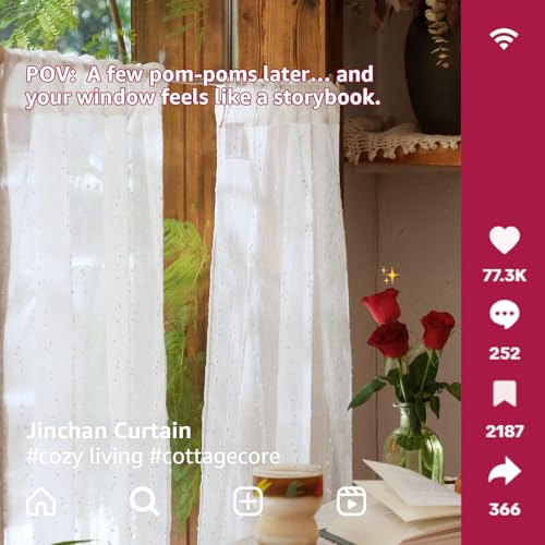 jinchan White Pom Pom Voile Kitchen Tier Curtains 24 Inches 2 Panels - color: Dottie Linen Whisper, size: 26"W x 24"L (Pack of 2)