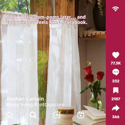 jinchan White Pom Pom Voile Kitchen Tier Curtains 24 Inches 2 Panels - color: Dottie Linen Whisper, size: 26"W x 24"L (Pack of 2)