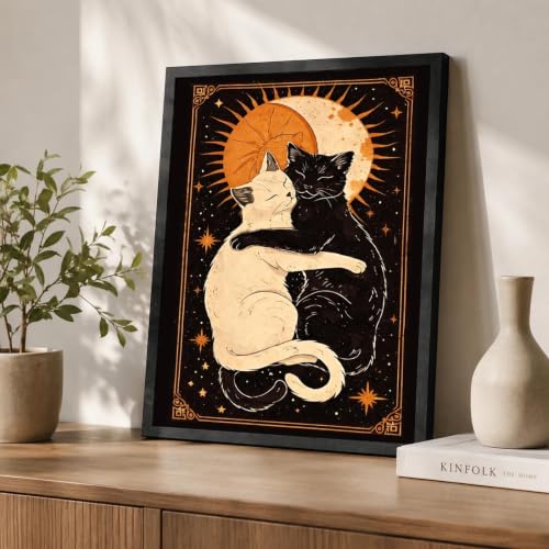 Black Framed Cat Wall Art, Celestial Pictures Wall Decor, 12x16 in - color: Gold-Cats