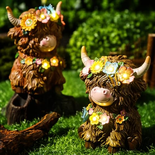 Colingmill 2 Pack Highland Cow Solar Lights Spring Easter Highland Cow Garden Resin Statue with Flower Decoration Solar Outdoor Decor for Patio Yard, Ideal Gift for Mom and Women
