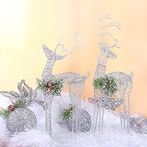 2pc Set White Pinecone Rattan Silver Thread String Christmas Reindeer Figurine Table Desk Decorations Glittering Xmas Holiday Party Supply - color: Silver