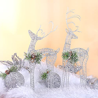 2pc Set White Pinecone Rattan Silver Thread String Christmas Reindeer Figurine Table Desk Decorations Glittering Xmas Holiday Party Supply - color: Silver
