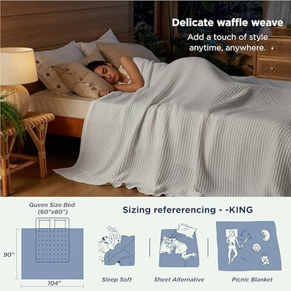 Bedsure 100% Cotton Blanket, Waffle Weave, King Size, White, 104"x90" - color: 01 White, size: King (104" X 90")