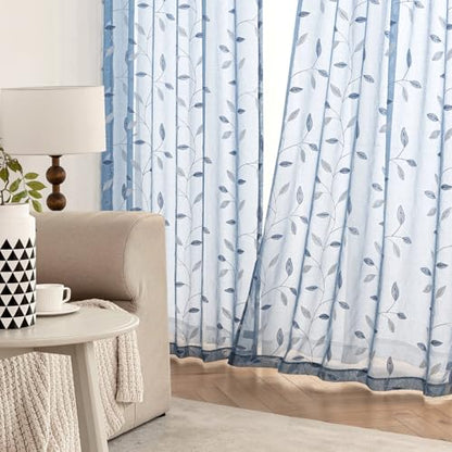 MIULEE Dusty Blue Sheer Curtains 2 Panels Leaf Patterned, W52 x L84 - color: Dusty Blue, size: 52"W x 84"L (Pack of 2)