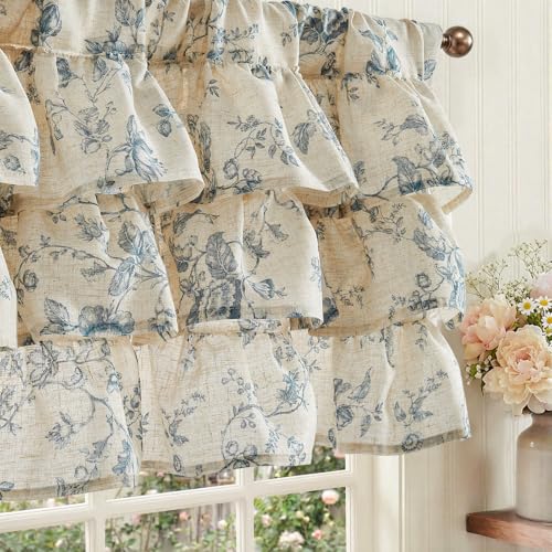jinchan Amlie Ruffled Floral Valance Curtain 1 Panel 18 Inch Blue on Linen - color: Amlie Blue on Linen