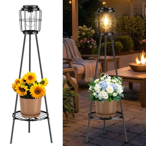 MXwcy Solar Lights Outdoor with LED Edison Bulbs, Solar Floor Lamp with Plant Stands for Garden Yard Pathway Driveway Front/Back Porch Decoration - color: A- 1Pack Black - Edison bulbs, size: Medium