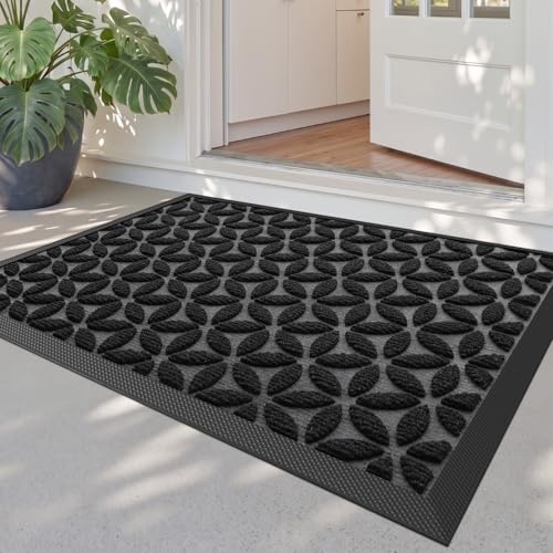 DEXI Front Door Mat Outside Entrance 24x36 Heavy Duty Rubber Entry Doormat | Hexafoil Floral, Dirt Trapper, Non Slip Low Profile Floor Mats for Entryway Exterior Patio - color: Hexafoil Floral, size: 24" X 36" (Rectangular)