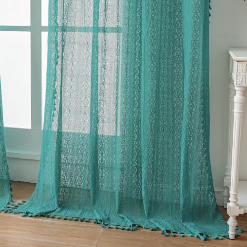 WAZZIO Boho Lace Curtains 84 inch Curtains 2 Panel,Rod Pocket Vintage Bohemian Farmhouse Crochet Cotton Geometry Privacy Sheer Curtain Drapes Farmhouse for Living Room Bedroom,Teal - color: Teal, size: 59"W x 84"L (Pack of 2)