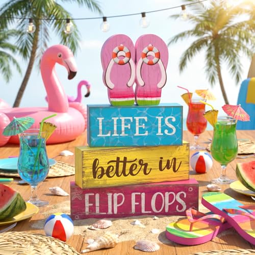 Yuntau 4 Pcs Summer Flip Flop Decor Wooden Beach Table Centerpiece Sign - style: Pink Flip Flops