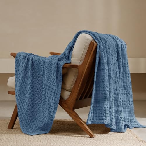 PHF Lightweight 100% Cotton Waffle Throw Blanket for Couch, Denim Blue - color: 07 Denim Blue, size: Throw(50"x60")