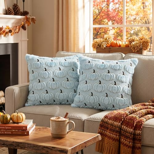 AVOIN colorlife Blue Fall Pumpkin Throw Pillow Covers 20x20 Inch - color: Blue, size: 20" x 20" (Pack of 2)