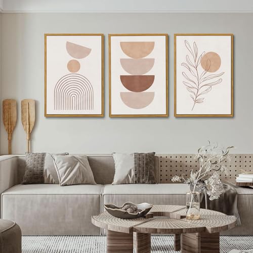 Boho Abstract Line Leaf Framed Canvas Wall Art Set of 3, 16x24 inch - color: Boho Beige, size: 16"x24"Natural