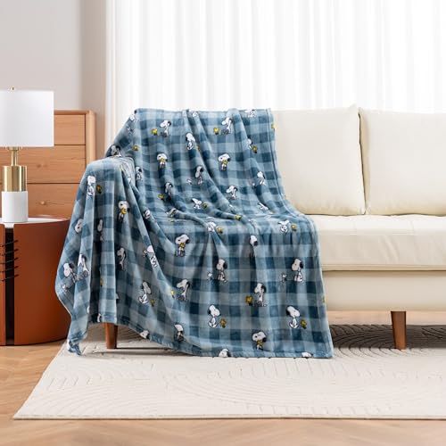 Berkshire Blanket Peanuts® VelvetLoft® Cute Character Snoopy Plush Throw Blanket,Peanuts Snoopy Everyday Buffalo Plaid Navy Tonal,Throw 55 in x 70 in (Official Peanuts® Product) - color: Navy Tonal, size: Throw (55 in x 70 in)