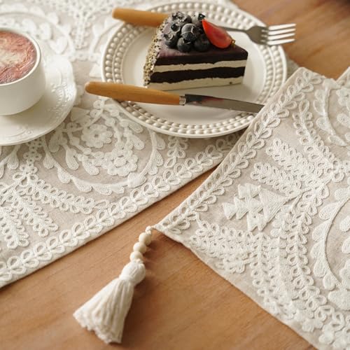 Coffee Table Runner Embroidered Boho Dresser Scarf, Beige 14"x38" - color: Beige, size: 14 x 38 Inches