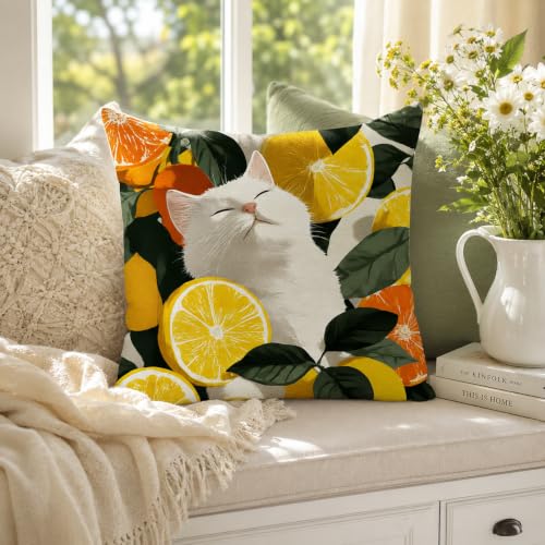 Sleeping Cat Pillow Cover 18x18 Inches, Citrus Botanical Decor - color: Lemon Cat