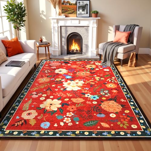 Terrug Floral Large Area Rug for Living Room, Washable 6x9 Red Christmas Rug Boho Ultra-Thin Carpet, Soft Non Slip Stain Resistant Vintage Rug for Bedroom, Dorm, Dining Room, Office - color: Red, size: 6' x 9' (Rectangular)