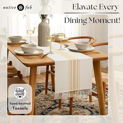 Native Fab Yellow Table Runner 108 Inches Long - Striped Table Cover with Fringes - 100% Cotton, Soft, Tight Weave, Non Slip Tablerunner for Dining, Wedding - Pale Yellow, White (14x108 inches) - color: Pale Yellow White, size: 14x108