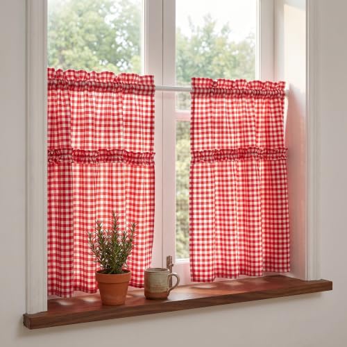 Silnuo Red/White Plaid Gingham Window Valance 26" W x 36" L-2 Panels - color: Red, size: 26"W x 36"L (Pack of 2)