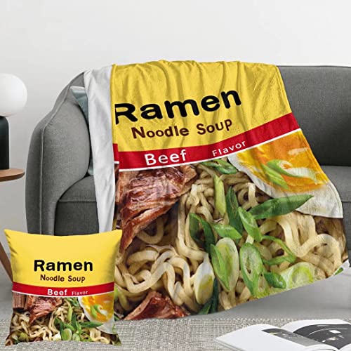Ramen Throw Blanket 60x50 Inch, Ramen Noodle Soup Beef Flavor Beef Lightweight Soft Microfiber Throw Blanket with 18x18 Inch Pillowcase Perfect for Bed and Sofa - color: A-ramen Noodle Soup Beef Flavor Beef, size: 60"x50" Blanket for Teens