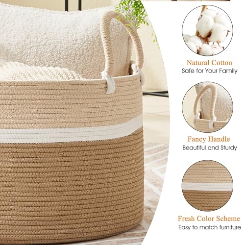 KAKAMAY Large Blanket Basket with Handles, Storage Basket for Living Room - color: White and Brown