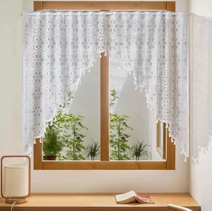 Boho Crochet Swag Curtain Valances with Tassels for Kitchen Windows, Rustic Floral Lace Macrame Curtain Toppers Semi Sheer Window Treatments for Living Room, Bathroom,Half Window, White - color: White