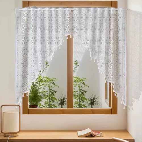Boho Crochet Swag Curtain Valances with Tassels for Kitchen Windows, Rustic Floral Lace Macrame Curtain Toppers Semi Sheer Window Treatments for Living Room, Bathroom,Half Window, White - color: White